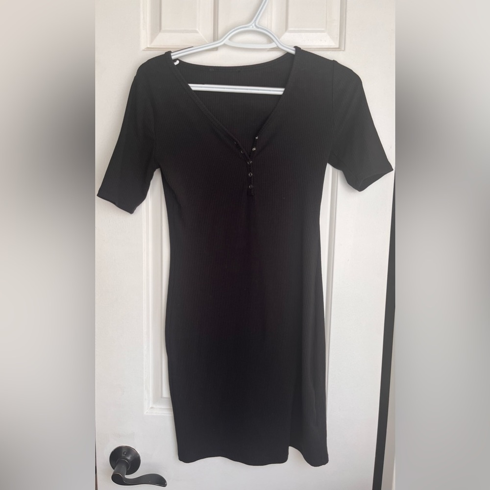 Black Mini Ribbed Bodycon Dress with Snap Buttons